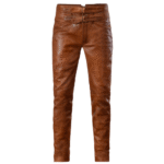 Brown Genuine Leather Fashion Pants Slim Fit Belted Waist Trousers
