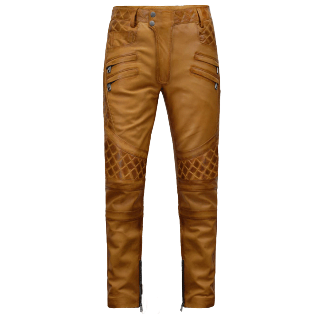 02 Tan Genuine Leather Zip Style Pants Slim Fit Biker Trousers - Image 1