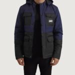 Navy Black Color Block Hooded Puffer Jacket – Multi Pocket Winter Outerwear