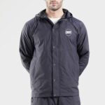 Custom black snap button windbreaker jacket with hood for outdoor workwear
