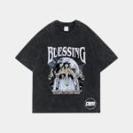Black washed oversized t shirt with blessing graphic print design on front for streetwear style