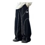 Black Oversized Piping Trousers Custom Printed Wide Leg Streetwear Pants