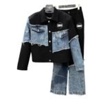 Black Patchwork Denim Tracksuit – Custom Cut & Sew Streetwear Set