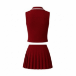 red womens golf wear set with polo top and pleated skirt stylish athletic outfit
