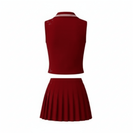 red womens golf wear set with polo top and pleated skirt stylish athletic outfit
