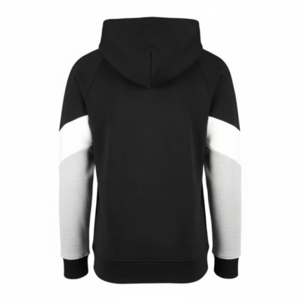 Black hoodie with grey and white contrast sleeves and drawstring hood for casual and custom wear