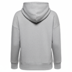 Heather grey zip up hoodie with white drawstrings and front pockets