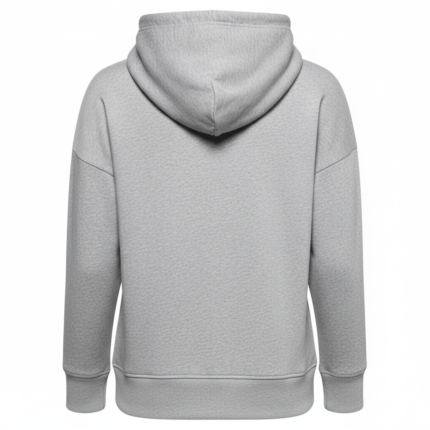 Heather grey zip up hoodie with white drawstrings and front pockets