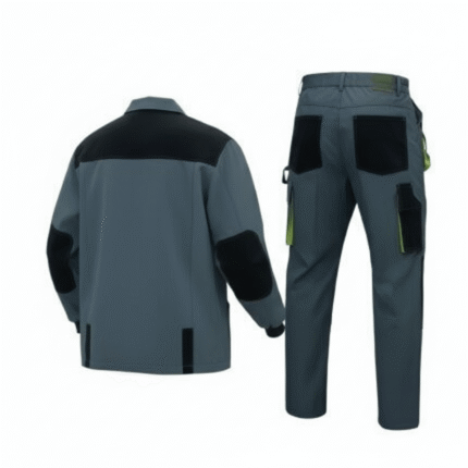 Grey workwear uniform with utility jacket and pants set for industrial and construction use