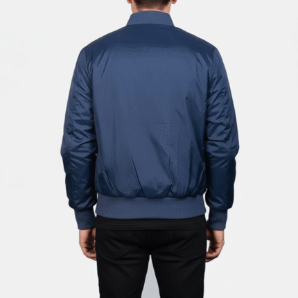 Navy lightweight windbreaker jacket with bomber style and zip up design for casual wear