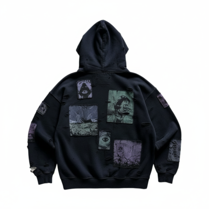 black oversized pullover hoodie with graphic printed design casual streetwear sweatshirt