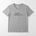 Grey v neck t shirt with minimal mountain line print design on front for casual wear