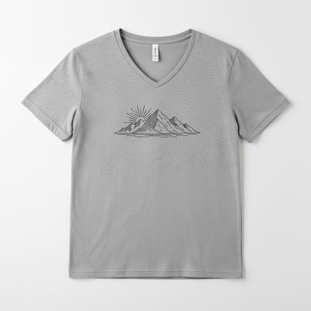 grey v neck shirt Grey v neck t shirt with minimal mountain line print design on front for casual wear