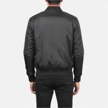 Black lightweight windbreaker jacket with zip up bomber style for casual and outdoor wear