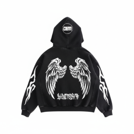 black oversized graphic hoodie with screen printed design casual streetwear sweatshirt