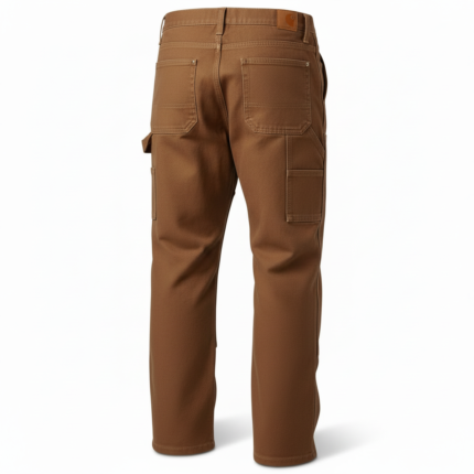 Brown reinforced work pants with utility pockets and carpenter design for industrial use