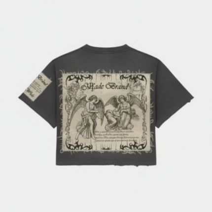 Grey cropped t shirt with vintage graphic print design and short sleeves for streetwear fashion