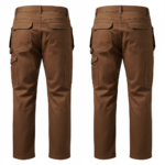 Brown utility work pants with reinforced panels and multi pocket design for industrial use