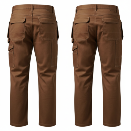 Brown utility work pants with reinforced panels and multi pocket design for industrial use