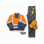 High visibility construction workwear uniform with reflective jacket and cargo pants set