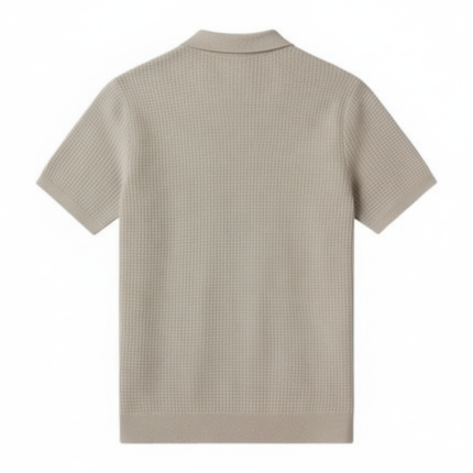 Beige textured polo shirt with short sleeves and knit fabric design for casual and uniform wear