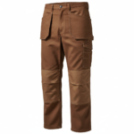 Brown utility work pants with reinforced panels and multi pocket design for industrial use