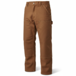 Brown reinforced work pants with utility pockets and carpenter design for industrial use