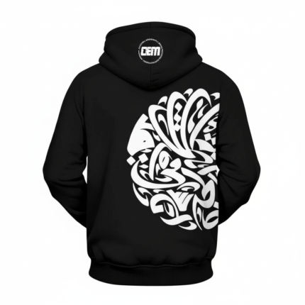Black zip hoodie with bold white abstract graphic print and full front zipper