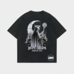 Black washed oversized t shirt with blessing graphic print design on front for streetwear style