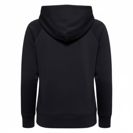 Midnight black pullover hoodie with white drawstrings and front kangaroo pocket