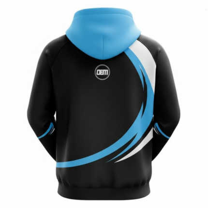 Black hoodie with blue graphic print design on front with fleece fabric and regular fit