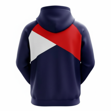 Navy color block hoodie with red and white design and front pocket for custom and bulk wear