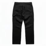 Black construction work pants with reinforced panels and multi pocket utility design for industrial use