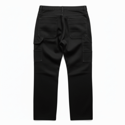 Black construction work pants with reinforced panels and multi pocket utility design for industrial use
