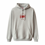 Beige pullover hoodie with front pocket and drawstring hood for casual and custom wear