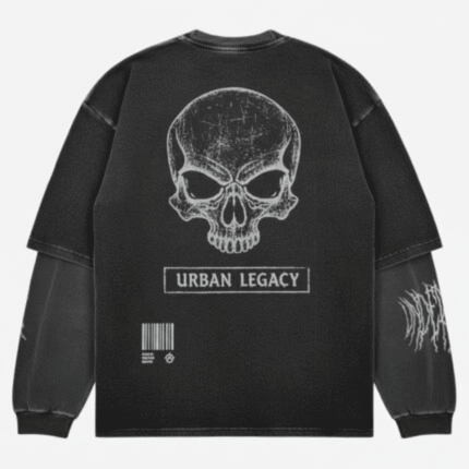 Black graphic sweatshirt with washed distressed print and layered streetwear design