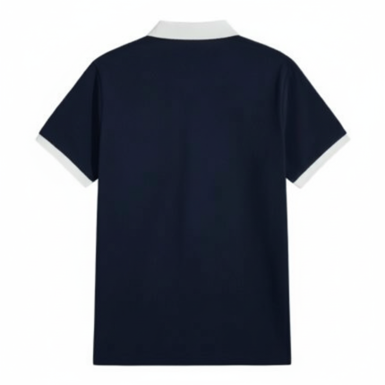 Navy blue polo shirt with white contrast collar and short sleeves for uniform and casual wear