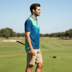 blue and green geometric golf polo shirt for men performance breathable sportswear
