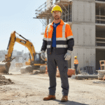 Construction worker wearing high visibility workwear uniform on industrial job site