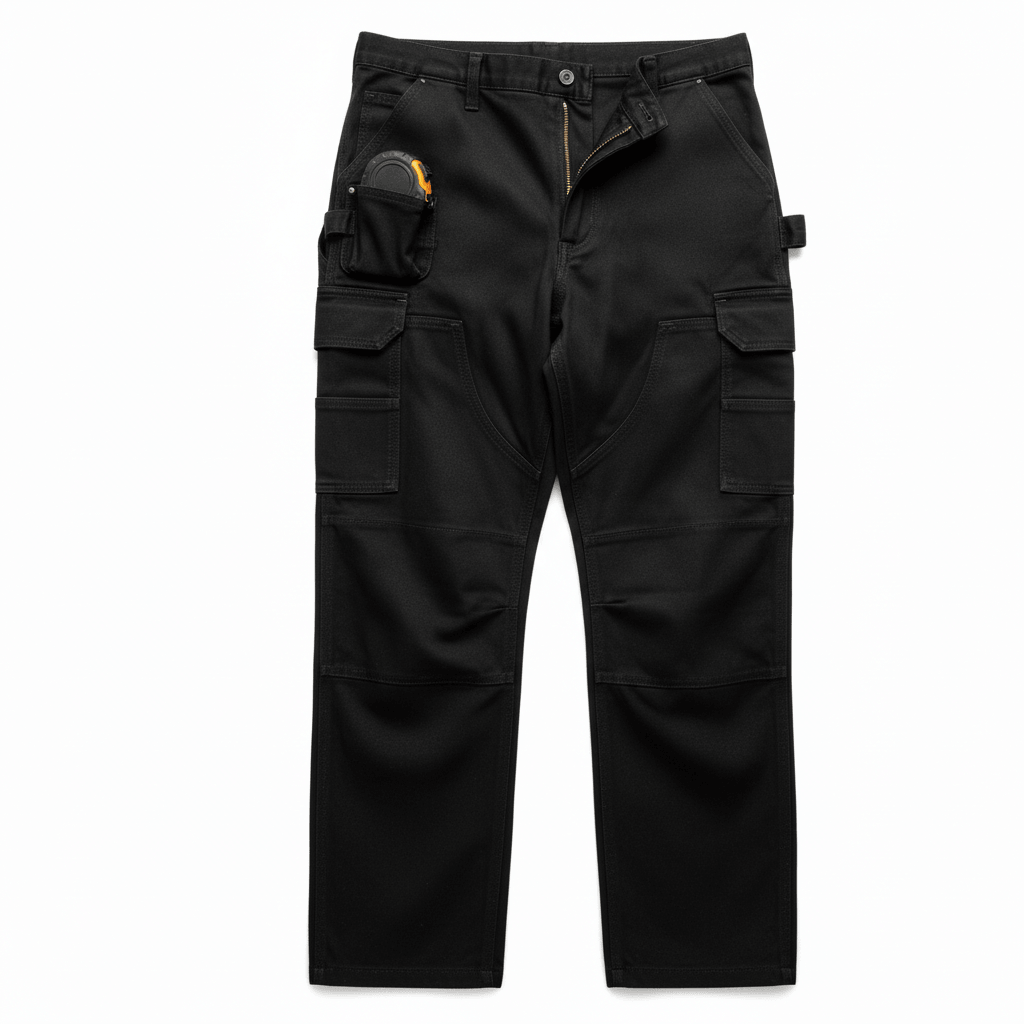 black construction pant Black construction work pants with reinforced panels and multi pocket utility design for industrial use