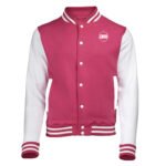 Pink White Womens Varsity Jacket – Two Tone Snap Front Outerwear