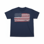 Navy blue t shirt with USA flag print design on front for casual and patriotic wear